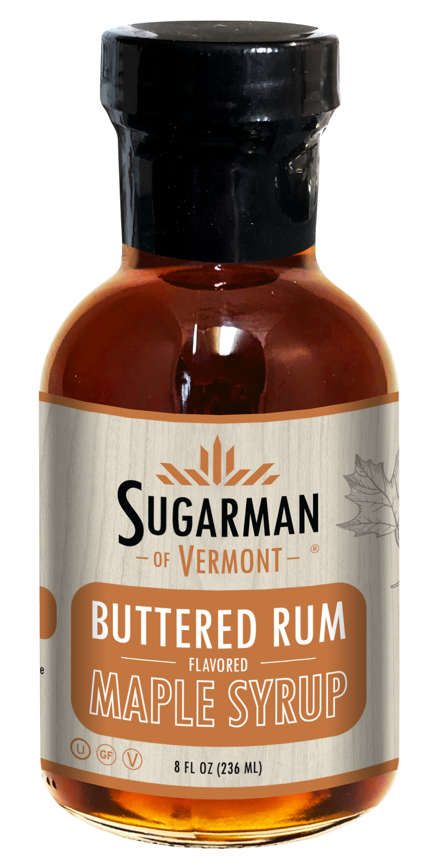 Bottle of Sugarman of Vermont Buttered Rum flavored maple syrup, 8 fl oz.